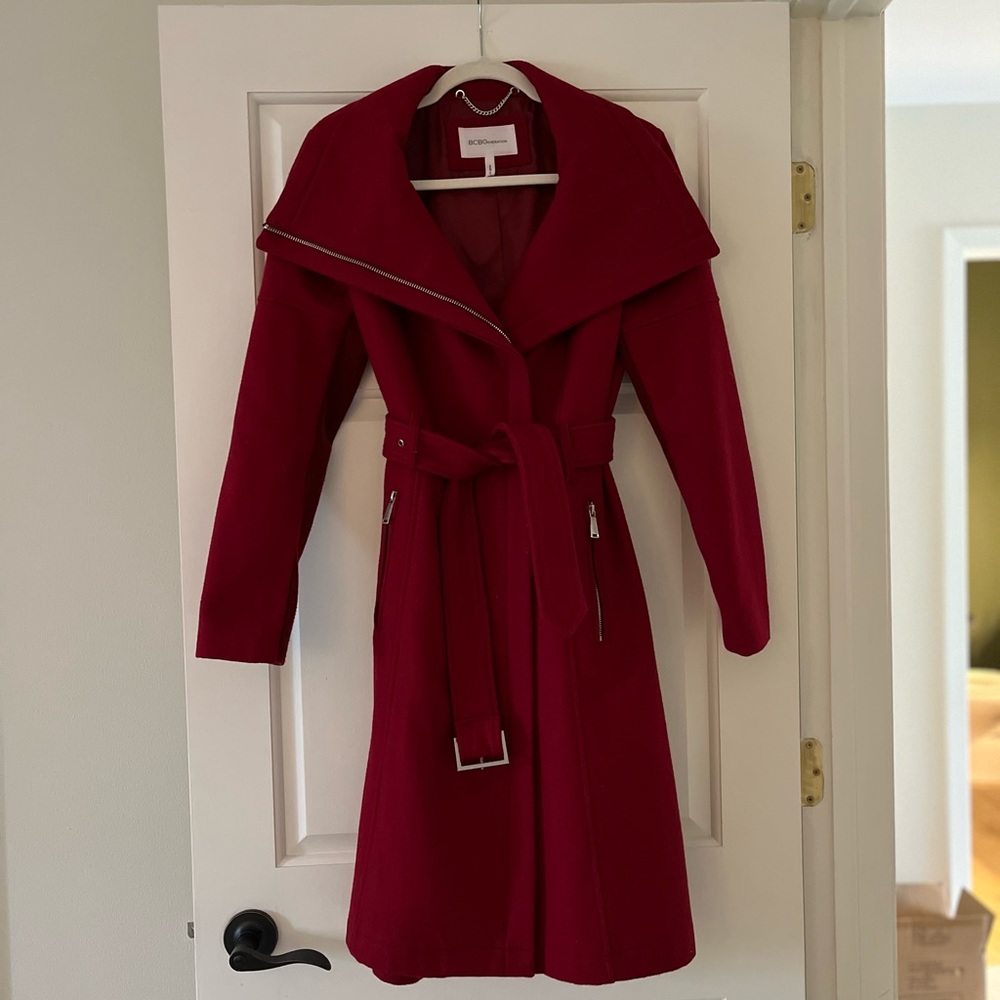 BCBG women’s winter coat….  Red with brushed nickel zipper and belt